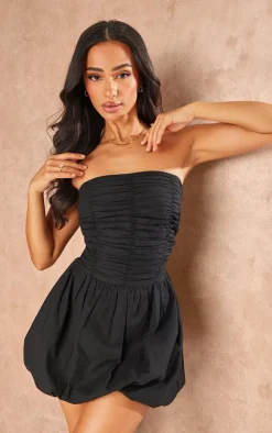 Petite Black Linen Look Ruched Puffball Mini Dress