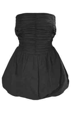Petite Black Linen Look Ruched Puffball Mini Dress