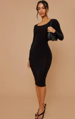 Petite Black Long Sleeve Jersey Midi Dress