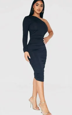 Petite Black Long Sleeve Slinky Ruched Bodycon Dress