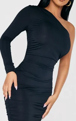 Petite Black Long Sleeve Slinky Ruched Bodycon Dress
