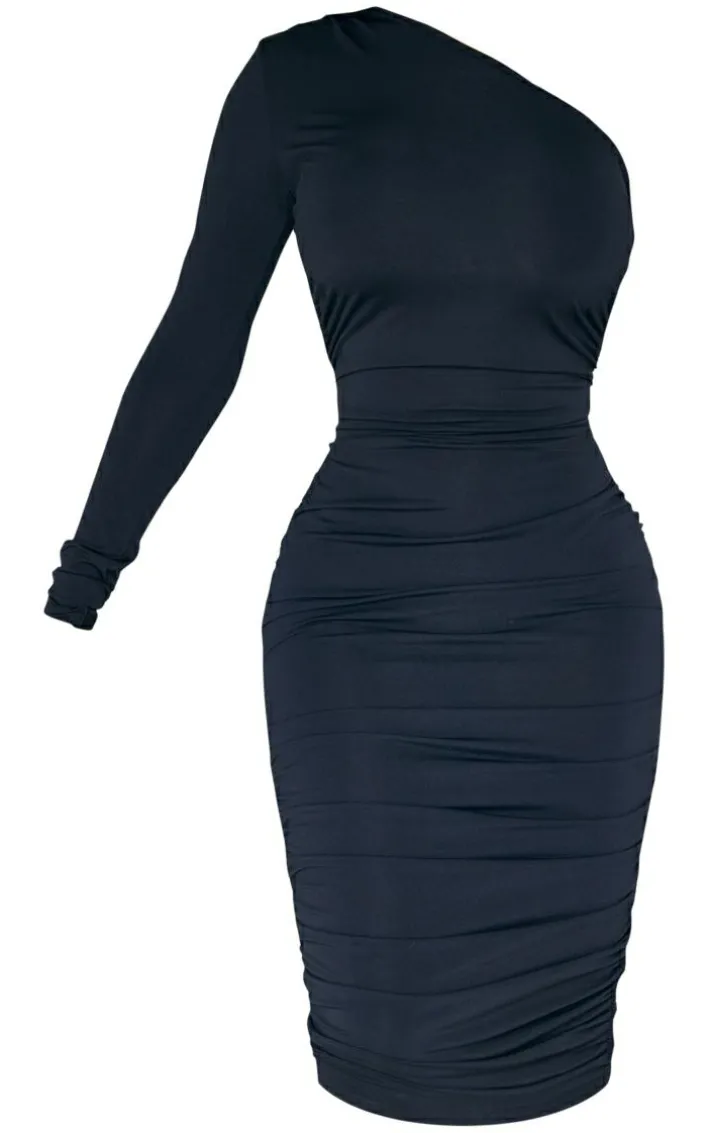 Petite Black Long Sleeve Slinky Ruched Bodycon Dress