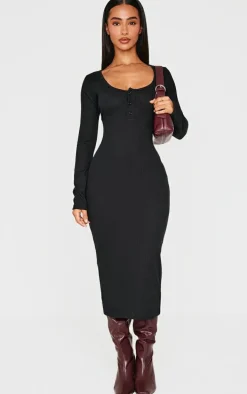 Petite Black Long Sleeve Brushed Rib Button Midi Dress