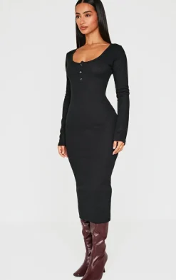 Petite Black Long Sleeve Brushed Rib Button Midi Dress