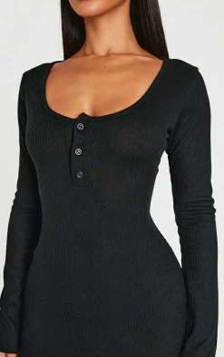 Petite Black Long Sleeve Brushed Rib Button Midi Dress