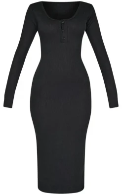 Petite Black Long Sleeve Brushed Rib Button Midi Dress