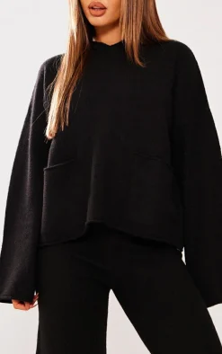 Petite Black Luxe Knit Pocket Hooded Sweater