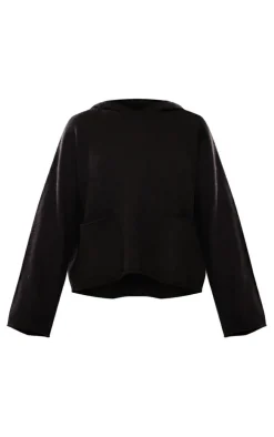 Petite Black Luxe Knit Pocket Hooded Sweater