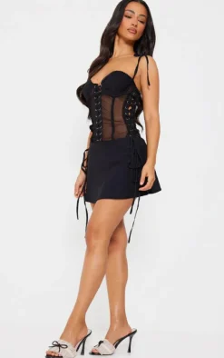 Petite Black Mesh Corset Lace-up Fitted Mini Dress