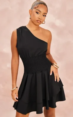 Petite Black One Shoulder Frill Dress