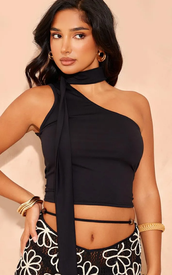 Petite Black One Shoulder Tie Neck Detail Top