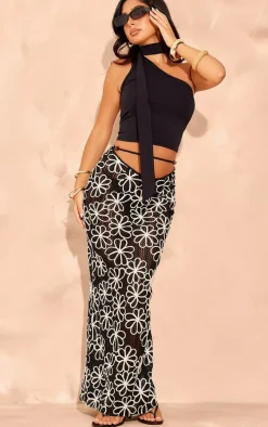 Petite Black One Shoulder Tie Neck Detail Top