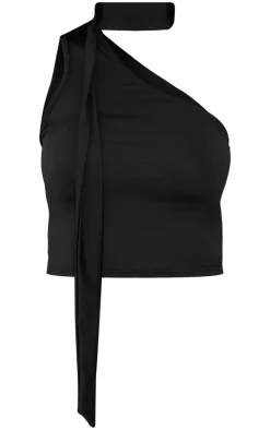 Petite Black One Shoulder Tie Neck Detail Top