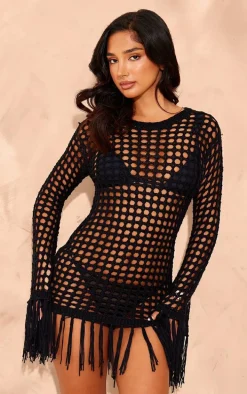 Petite Black Open Knit Tassel Detail Mini Dress