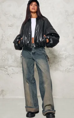 Petite Black Oversized Bomber Puffer Jacket