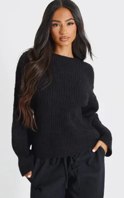 Petite Black Oversized Fluffy Knitted Sweater
