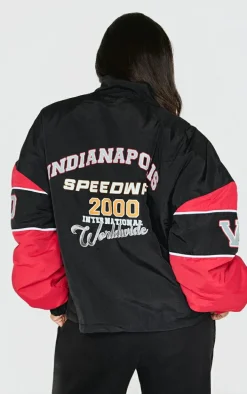 Petite Black Oversized Graphic Zipped Racer Bomber Jacket