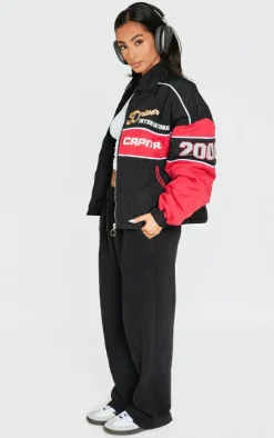 Petite Black Oversized Graphic Zipped Racer Bomber Jacket