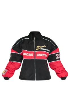 Petite Black Oversized Graphic Zipped Racer Bomber Jacket