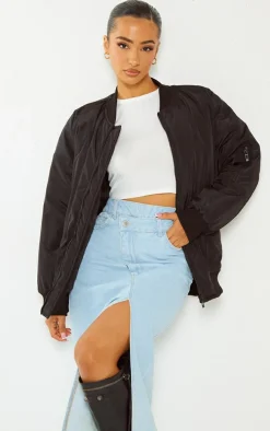 Petite Black Oversized Zip Up Bomber Jacket