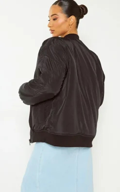Petite Black Oversized Zip Up Bomber Jacket