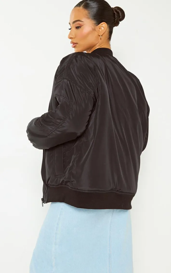 Petite Black Oversized Zip Up Bomber Jacket