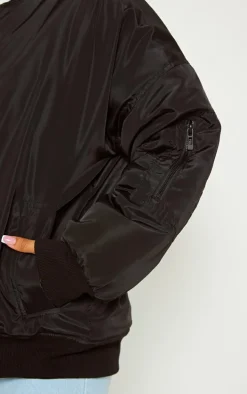 Petite Black Oversized Zip Up Bomber Jacket