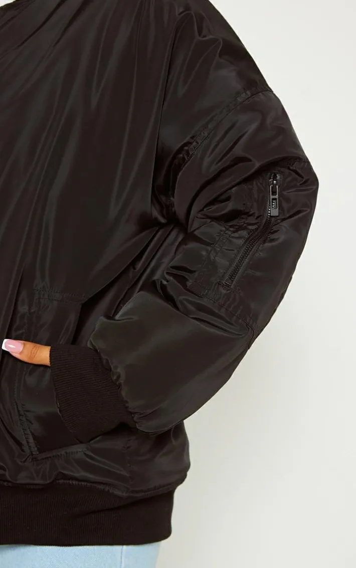 Petite Black Oversized Zip Up Bomber Jacket