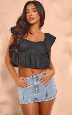 Petite Black Padded Cup Cotton Frill Detail Crop Top