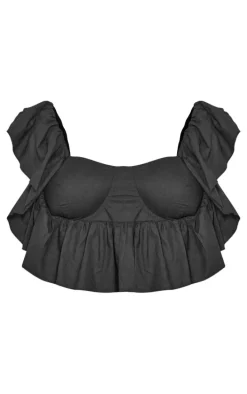 Petite Black Padded Cup Cotton Frill Detail Crop Top
