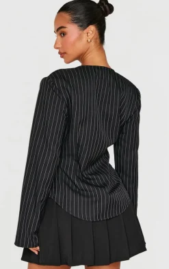 Petite Black Pinstripe Long Sleeve Trim Detail Shirt