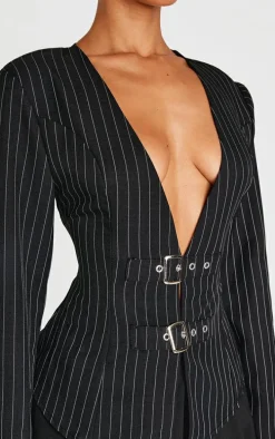 Petite Black Pinstripe Long Sleeve Trim Detail Shirt