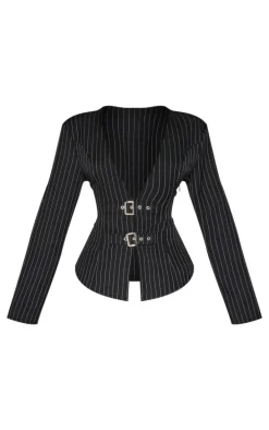 Petite Black Pinstripe Long Sleeve Trim Detail Shirt