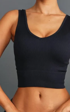 Petite Black Plunge Detail Snatched Rib Crop Top