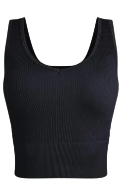 Petite Black Plunge Detail Snatched Rib Crop Top