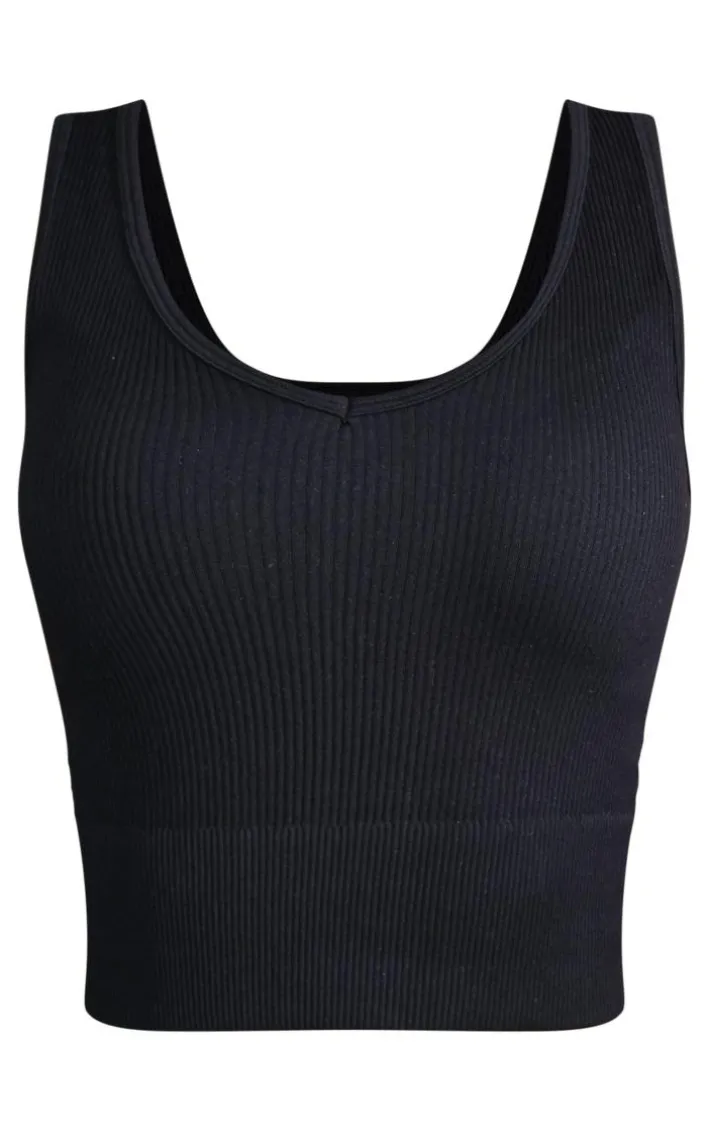 Petite Black Plunge Detail Snatched Rib Crop Top