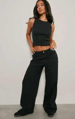 Petite Black Premium Ribbed Racer Neck Crop Top