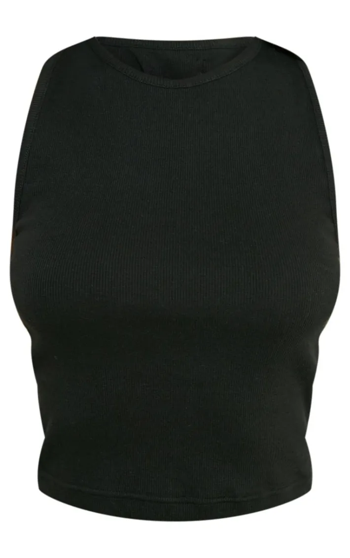 Petite Black Premium Ribbed Racer Neck Crop Top