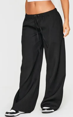 Petite Black Premium Woven Drawstring Waistband Low Rise Pants