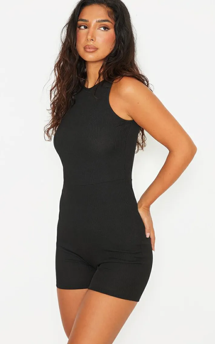 Petite Black Racer Neck Ribbed Unitard