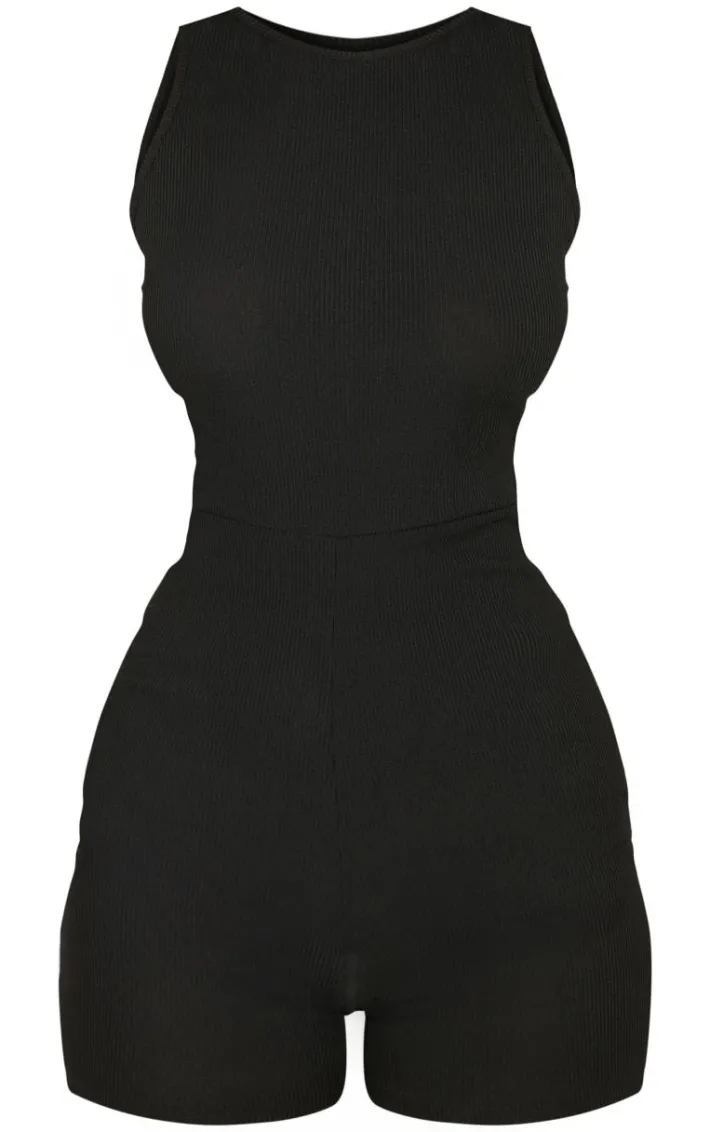 Petite Black Racer Neck Ribbed Unitard