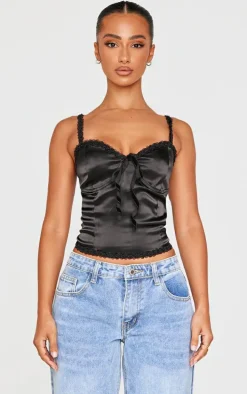 Petite Black Satin Rose Trim Detail Corset Top