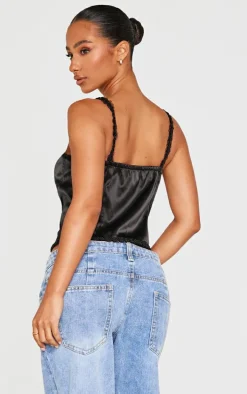 Petite Black Satin Rose Trim Detail Corset Top