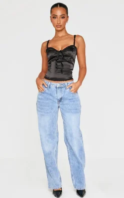 Petite Black Satin Rose Trim Detail Corset Top