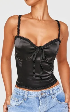 Petite Black Satin Rose Trim Detail Corset Top
