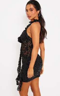 Petite Black Sequin Mini Dress With Rose Detail