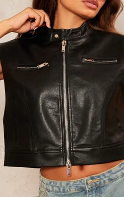 Petite Black Sleeveless Collared Faux Leather Vest