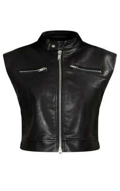 Petite Black Sleeveless Collared Faux Leather Vest