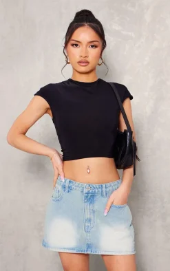 Petite Black Slinky Cap Sleeve Crop Top