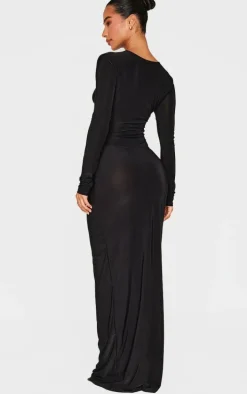 Petite Black Slinky Cut Out Long Sleeve Maxi Dress
